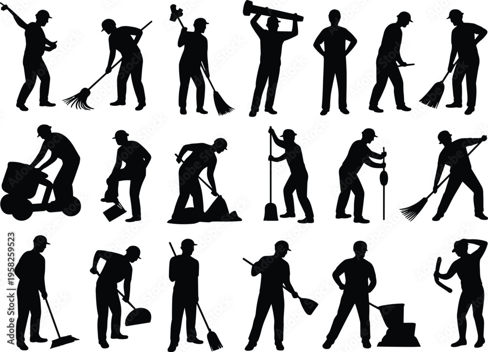 Fototapeta premium Cleaning workers silhouettes sweeping mopping vacuuming maintenance chores tasks flat vector