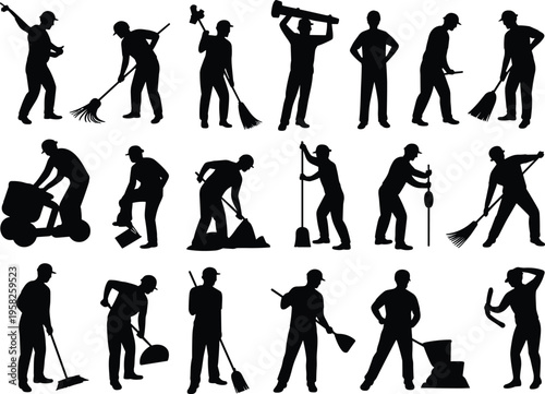 Cleaning workers silhouettes sweeping mopping vacuuming maintenance chores tasks flat vector