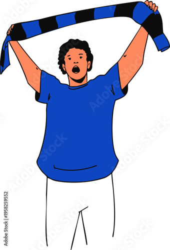 Soccer fan on the stadium stands cheering and celebrating a goal or victory. Vector illustration.