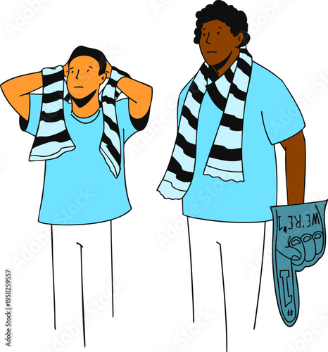 Two soccer fans upset about a moment in the game. Two fans disappointed by the score. Vector illustration.