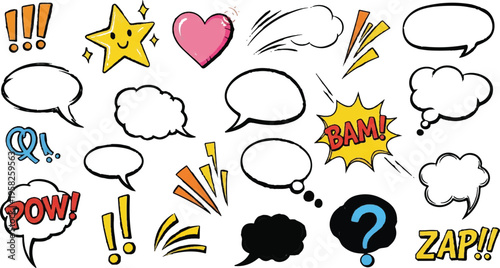 Colorful Hand Drawn Comic Book Element and Speech Bubble Set