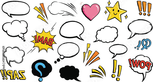 Colorful Hand Drawn Comic Book Element and Speech Bubble Set