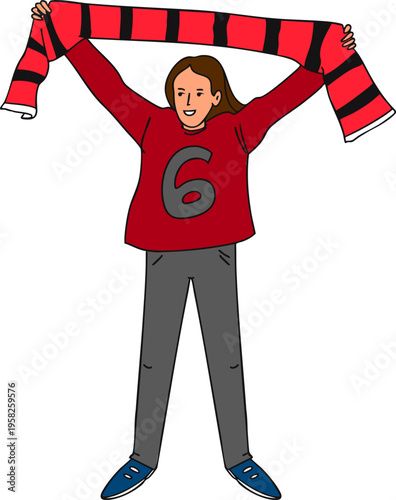 Young female soccer fan cheering for a goal or her team's victory. Vector illustration.