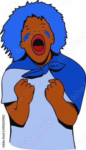 Soccer fan on the stadium stands cheering and celebrating a goal or victory. Vector illustration.