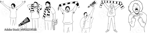 Black and white illustration set of soccer fans during a game. Different emotions: joy and disappointment. Vector illustration.