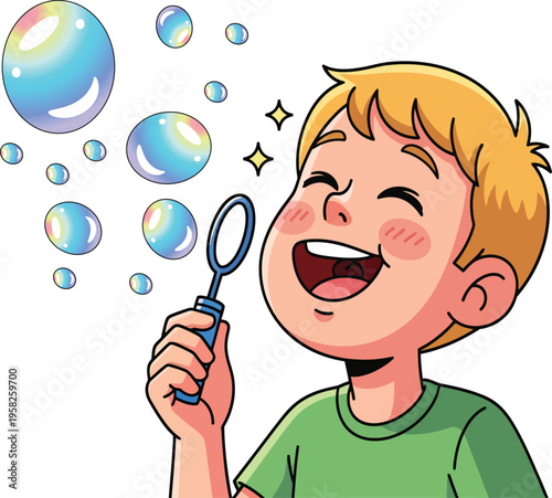 Happy cartoon boy blowing iridescent soap bubbles with a wand, joyful childhood activity vector illustration