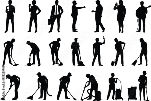 Silhouettes of workers cleaning office home chores daily tasks flat vector