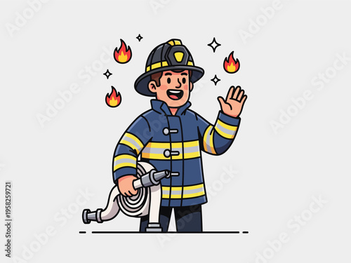 Smiling male firefighter cartoon character in uniform holding hose with fire and sparks vector illustration