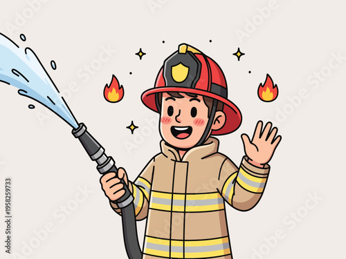 Happy young male firefighter cartoon character holding a water hose, wearing uniform and helmet, vector illustration