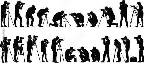 Photographers silhouettes with cameras tripods shooting poses creative work flat vector