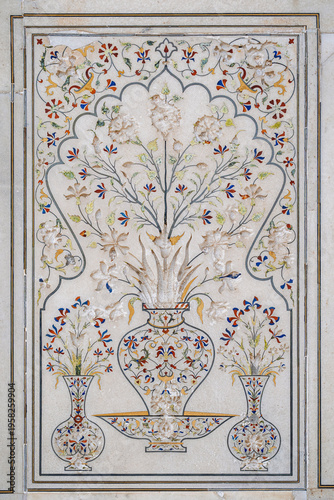 Canvas Print Closeup view of pietra dura stonework floral panel with semi-precious stone inla