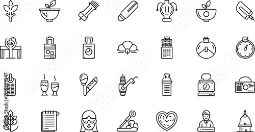 Wellness and lifestyle line icon set featuring self care hygiene meditation routine health products and daily habits outline vector