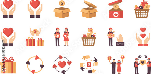 Charity donation and giving icon set featuring love support fundraising gifts volunteers and community help flat vector illustration