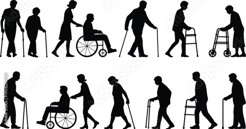 Elderly silhouettes with mobility aids support accessibility care flat vector