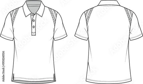 Men Polo Shirt Technical Flat Sketch Vector Template with Shoulder Embroidery Detail Short Sleeve Front and Back View for Fashion Design