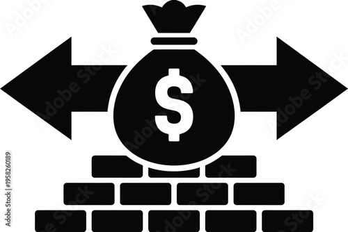 Money bag with dollar sign on solid brick foundation vector icon representing financial stability, wealth building, long term savings, secure investment, flat minimal vector illustration