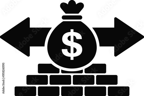 Money bag with dollar sign on solid brick foundation vector icon representing financial stability, wealth building, long term savings, secure investment, flat minimal vector illustration