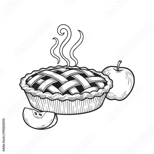 Hand drawn sketch illustration of a steaming baked apple pie with lattice crust and fresh fruit
