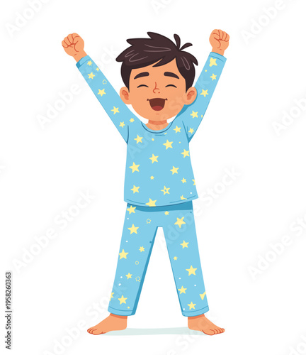 Happy boy fully awake and energetic. Cheerful child raising hands after waking up, full of energy, positive morning routine concept, cartoon vector illustration.