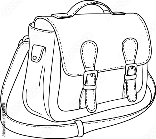 Flat vector illustration of satchel bag with straps, handle, pocket