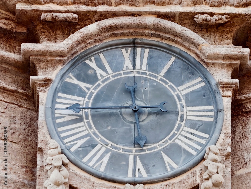 Fototapeta premium Ancient Stone Watch Face, Time Of Ancient Stone Clock With Ornate Carvings During Dusk Hours