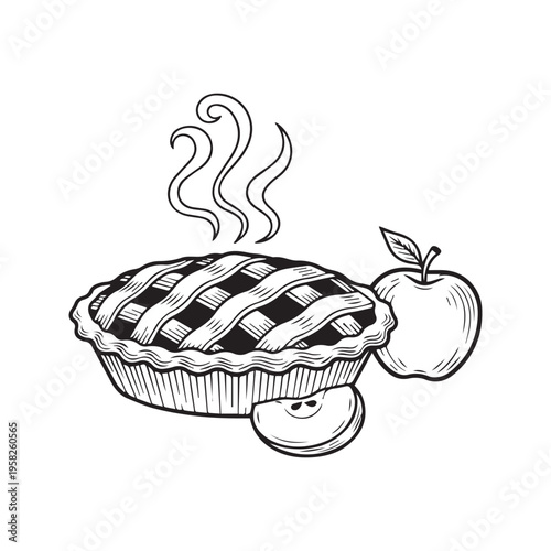 Hand drawn sketch illustration of a steaming baked apple pie with lattice crust and fresh fruit
