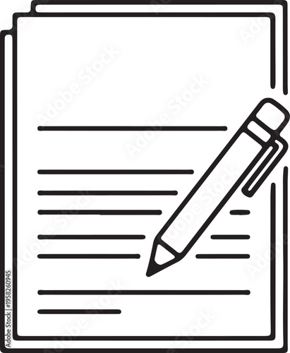 A clean, minimalist line-art icon black-and-white vector illustration of a stack of papers with a pen positioned as if writing.