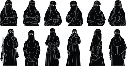 Collection of Muslim Woman Silhouettes Wearing Niqab and Hijab in Various Poses for Islamic Fashion Design and Traditional Religious Illustration