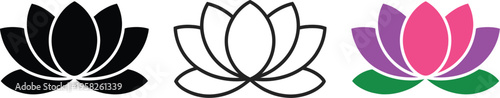 Lotus flower fully open for spiritual wellness symbol, Ayurveda and Eastern wellness vector icon set, three styles including solid black, thin outline, and flat color, minimal flat vector illustration