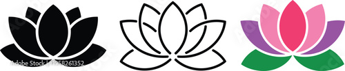 Lotus flower fully open for spiritual wellness symbol, Ayurveda and Eastern wellness vector icon set, three styles including solid black, thin outline, and flat color, minimal flat vector illustration