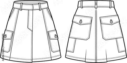 Cargo skirt front and back technical fashion flat vector illustration