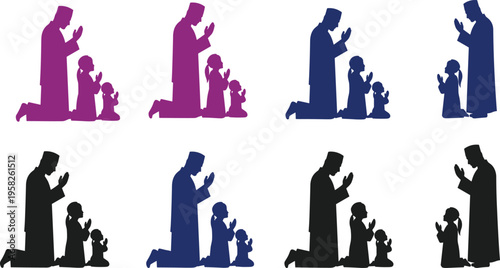 Muslim family silhouette illustration of father daughter and son praying together in traditional Islamic clothing for Ramadan and Eid celebrations.