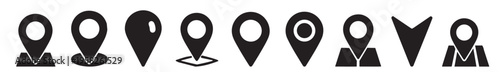 set of location pin icons, map markers and navigation symbols, simple silhouette vector collection on transparent background