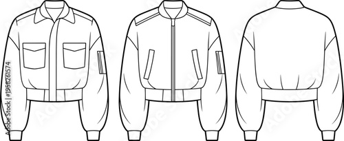 Cropped bomber jacket front and back technical fashion flat vector illustration