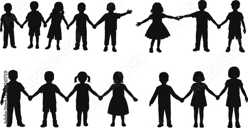 Children silhouettes holding hands unity friendship community teamwork flat vector
