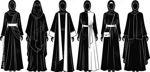 Set of elegant black and white illustrations of women wearing various modern abaya styles, hijabs, and modest Islamic fashion outfits.