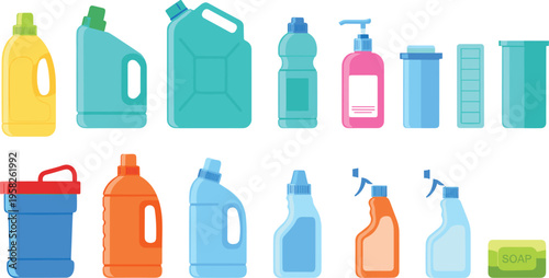 Set of plastic household cleaning product bottles and containers for laundry detergent, liquid soap, bleach, disinfectant, and chemical supplies illustration.