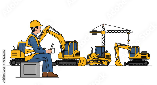 A construction worker sits with a mug, surrounded by four heavy construction vehicles.