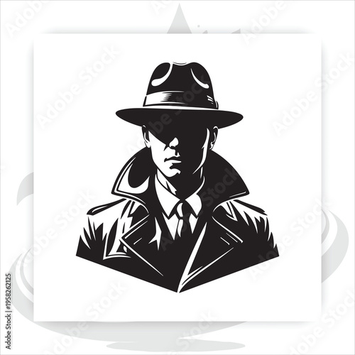Mysterious Detective: A stylized monochrome illustration presents a classic detective, shrouded in mystery, wearing a fedora and trench coat.