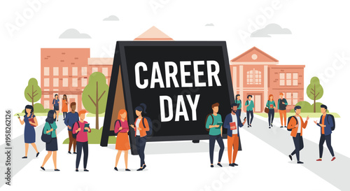 Students gather around a Career Day A-frame sign in front of detailed university buildings.