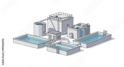 An isometric illustration shows a water treatment facility with multiple grey concrete tanks and four rectangular pools filled with light blue water.