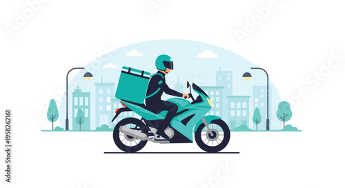 A delivery person in a teal helmet and dark uniform rides a sleek teal sport motorcycle with a matching delivery box against a minimalist cityscape.