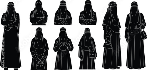 Set of silhouette illustrations of Muslim women wearing niqab and abaya in various poses for modest fashion and Islamic concepts