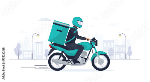 A delivery person in a teal helmet and uniform rides a teal motorcycle with a matching delivery box against a minimalist cityscape background.