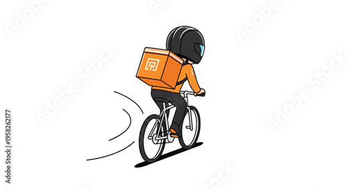 A delivery person wearing a black helmet and carrying an orange box rides a bicycle with motion lines against a white background.