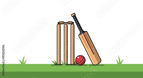 A wooden cricket bat leans against three brown stumps with a red ball on a green grass strip against a white background.