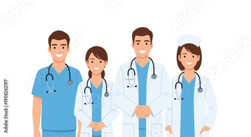 Four smiling medical professionals, two men and two women, stand together wearing scrubs, lab coats, and stethoscopes against a white background.