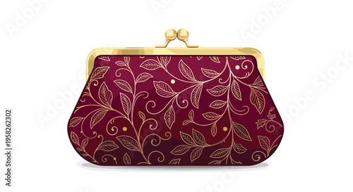 A maroon clutch purse with a gold clasp and intricate gold leaf patterns is presented on a clean white background.
