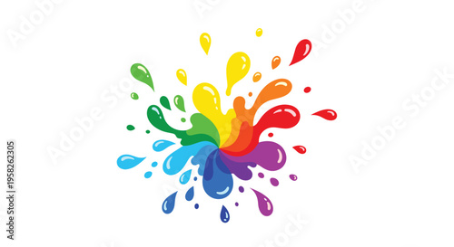 A central, vibrant rainbow-colored paint splash with numerous drops radiates outwards on a clean white background.