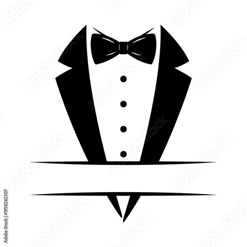 Tuxedo Suit with Bow Tie Black Silhouette Illustration for Formal Wear Design, Elegant Event Template and Luxury Fashion Graphic